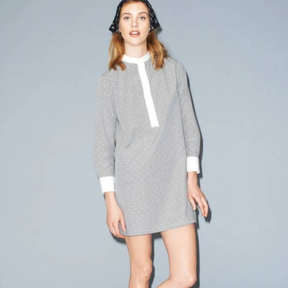 BAND OF OUTSIDERS Gingham Check Swiss Dot Mandarin Collar Mini Shirt Dress M